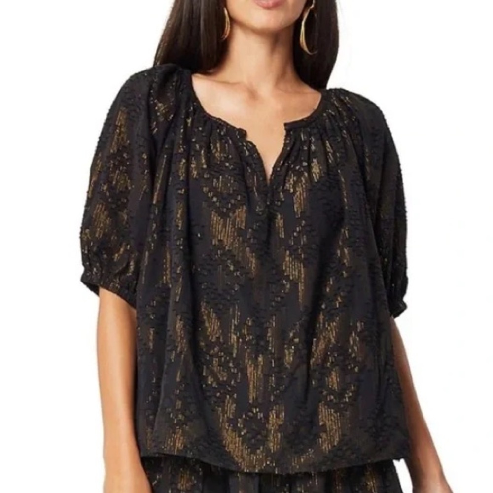 Roller Rabbit Alianne Black Gold Blouse Pleated Woven Puff Sleeve SZ Large